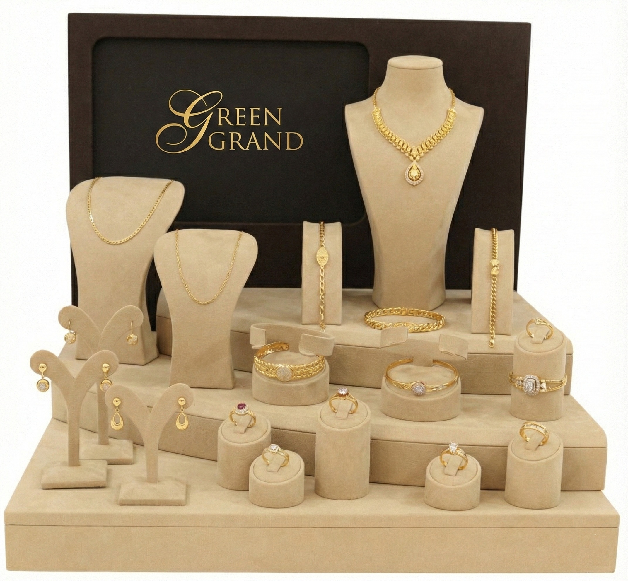 طقم عرض مجوهرات كلاسيكي بني داكن وكريمي - 14 قطعة جلد صناعي