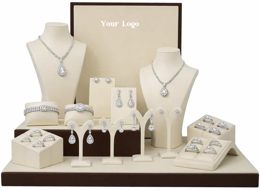 طقم عرض مجوهرات للأقراط والخواتم أبيض أرزي وبني - 15 قطعة جلد صناعي